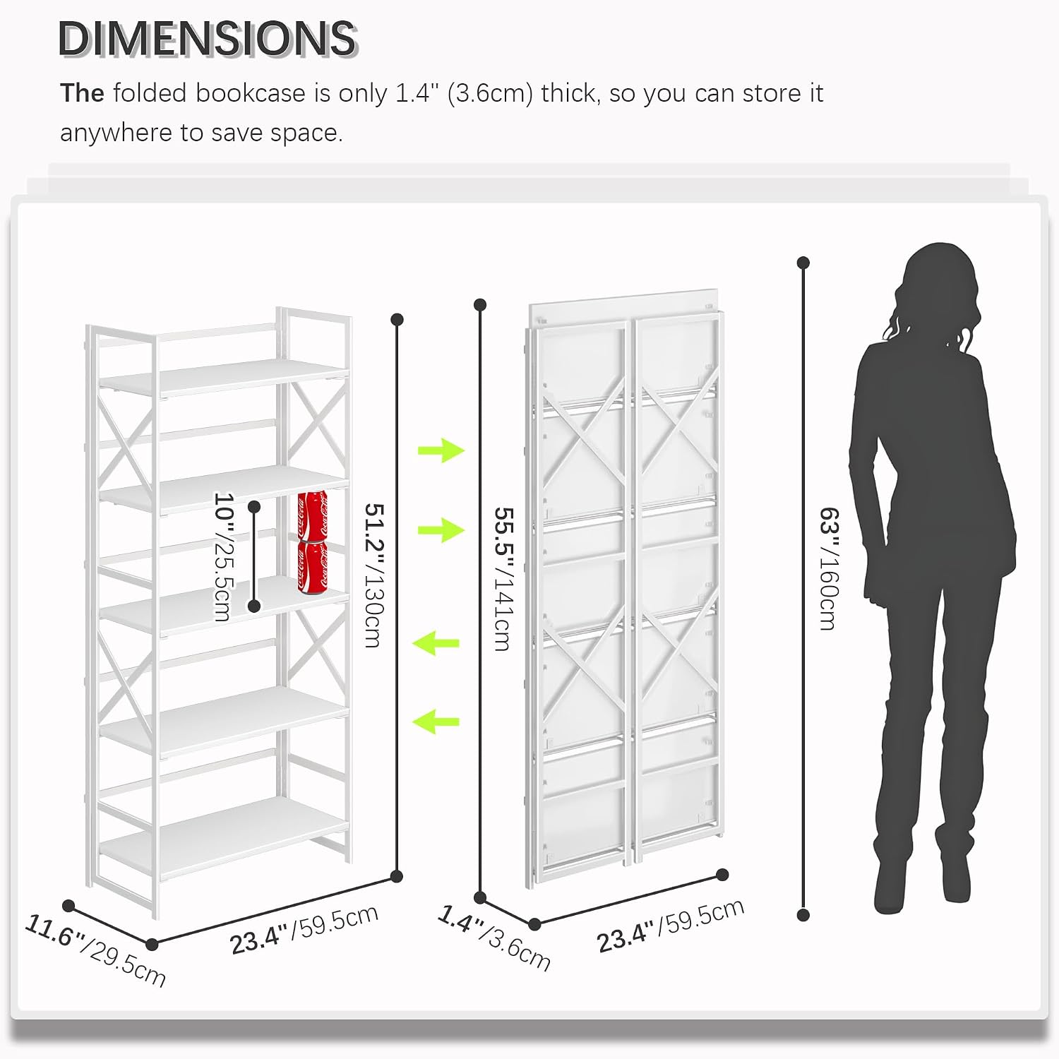 4NM 5 Tiers No Assembly Book Shelves, 51.2' H Folding Bookshelf Bookcase Open Industrial Foldable Shelves for Bedroom, Living Room, Home Office - All White