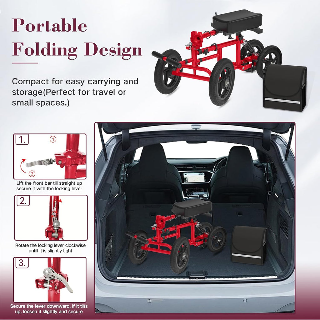 All Terrain Knee Scooter for Adults, Foldable Rolling Knee Scooter with DIY Stickers & Shock Absorber, Steerable Knee Walker for Broken Foot, Ankle Injuries & Surgery, Better Crutch Alternative