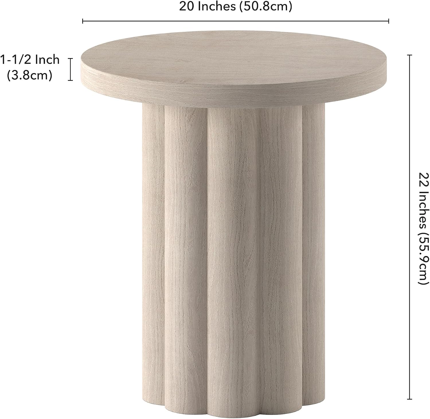 Henn&Hart 20'' Fluted Round End Table, Modern Side Table Ribbed Night Stand for Living Room, Office, Family Room, or Bedroom, Alder White