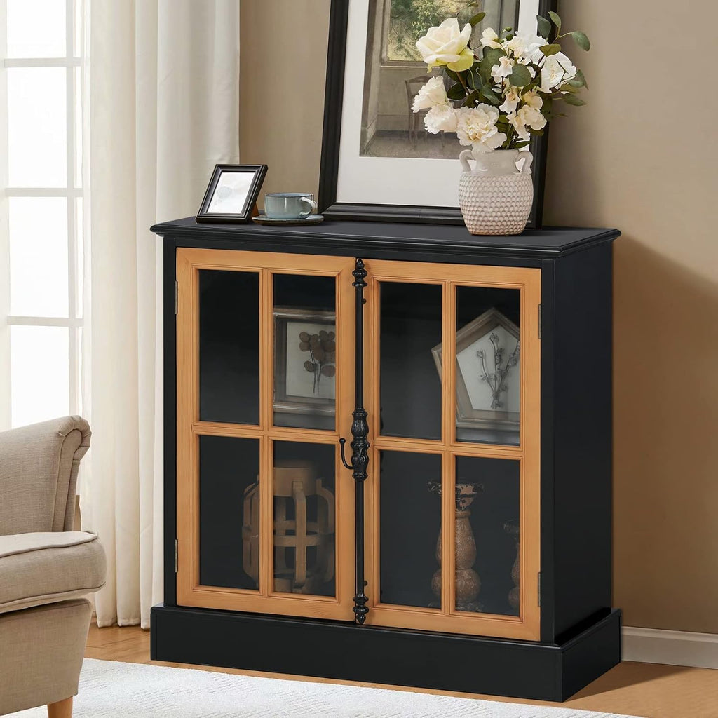 MAISON ARTS Accent Cabinet with 2 Doors, Farmhouse Decorative Storage Cabinet for Entryway Living Room Modern Kitchen Sideboard Buffet Cabinet, Solid Wood Frame, Glass Doors Black