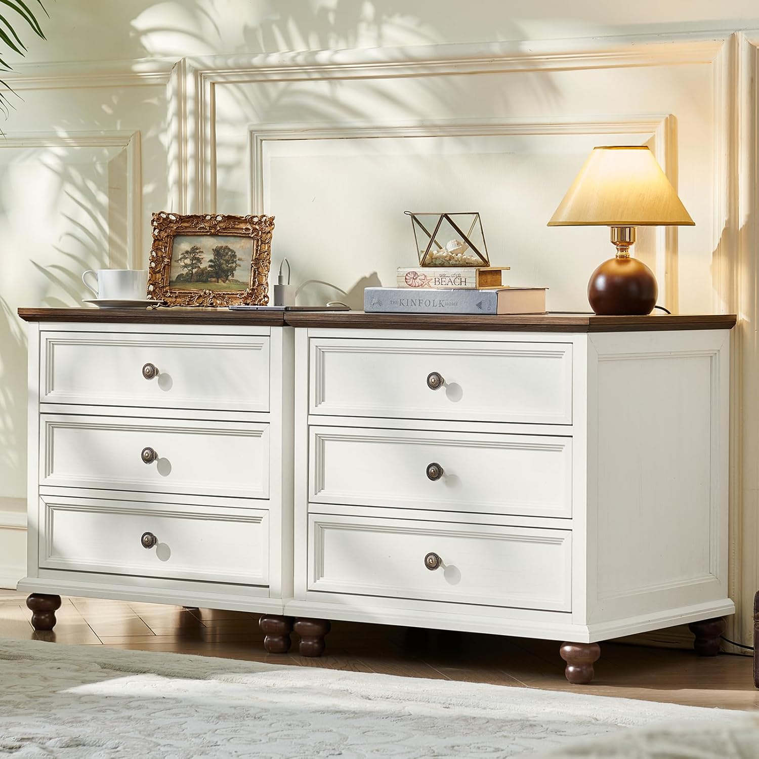 Joaxswe Farmhouse Nightstand Set of 2 with Charging Station, 24' Wide End Table with 3 Drawers,Dresser for Bedroom,Bed Side Table Chest of Drawers Cabinet,Wood White Night Stand for Living Room