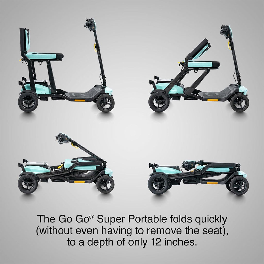 Pride Mobility Go-Go Super Portable Travel Lightweight Folding Mobility Scooter | up to 4.5 mph Go Go Scooter for Seniors, Adults, Elderly | Airline-Compliant Lithium Battery (Mint)