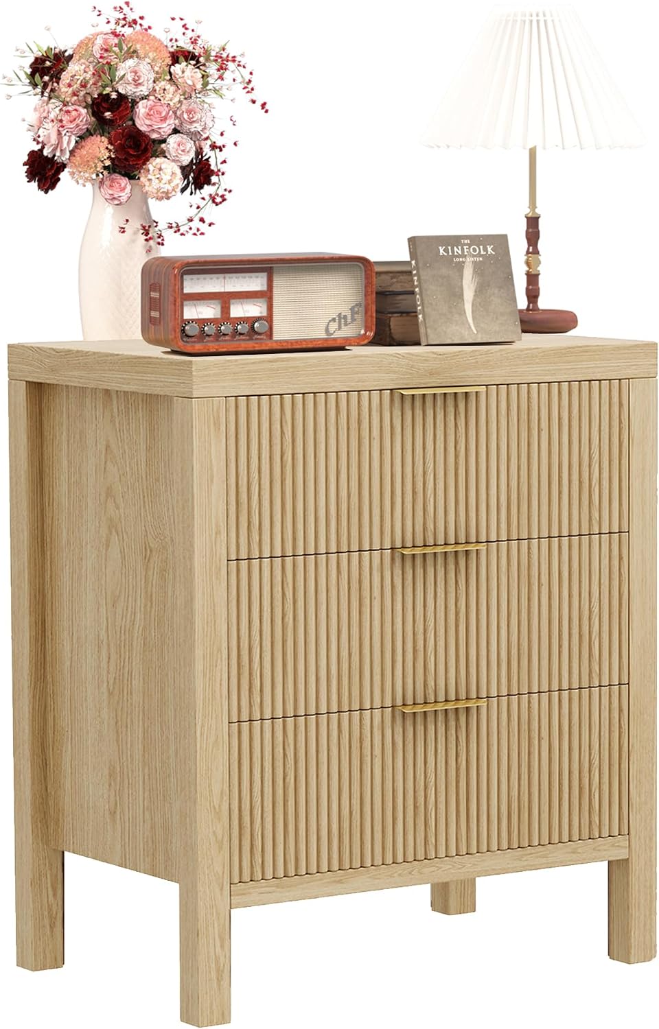 End Table with Storage, Wooden Farmhouse Nightstands with 3 Drawers, Bedside Table - Boho Tall Side Table Accent for Bedroom, Living Room, Nature