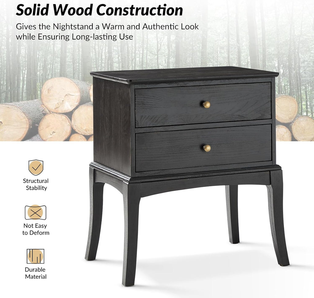 HULALA HOME Solid Wood End Table with Charging Station, 2 Drawer Side Table, Tall Mid Century Modern End Table for Living Room Set of 2, Charcoal