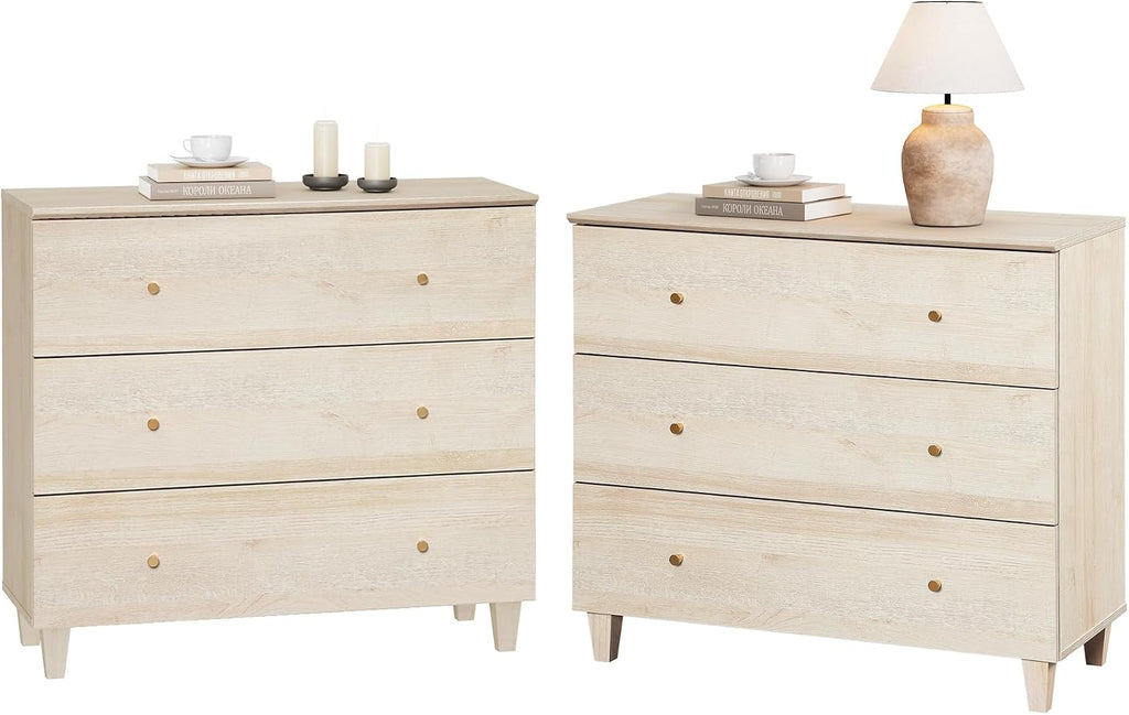 WAMPAT Set of 2 Nightstands with 3 Wide Drawers for Bedroom, Modern Wood Bedside Tables Chest Dressers Night Stands, Large Sofa Side End Tables for Living Room, Light Oak, 35 Inches