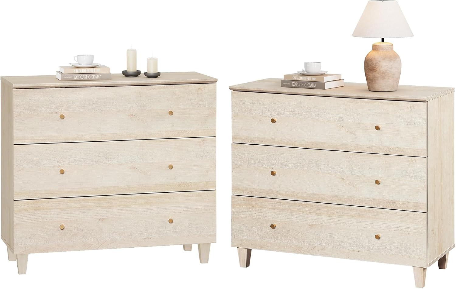 WAMPAT Set of 2 Nightstands with 3 Wide Drawers for Bedroom, Modern Wood Bedside Tables Chest Dressers Night Stands, Large Sofa Side End Tables for Living Room, Light Oak, 35 Inches