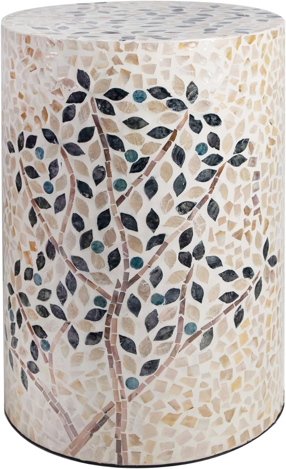 PEMAR Mother of Pearl Cylinder Drum End Table Nacre Side Stool Round Accent Table Coffee Bedside Nightstand and Vanity Stool Olive Tree 13' Diameter x 19.3' High