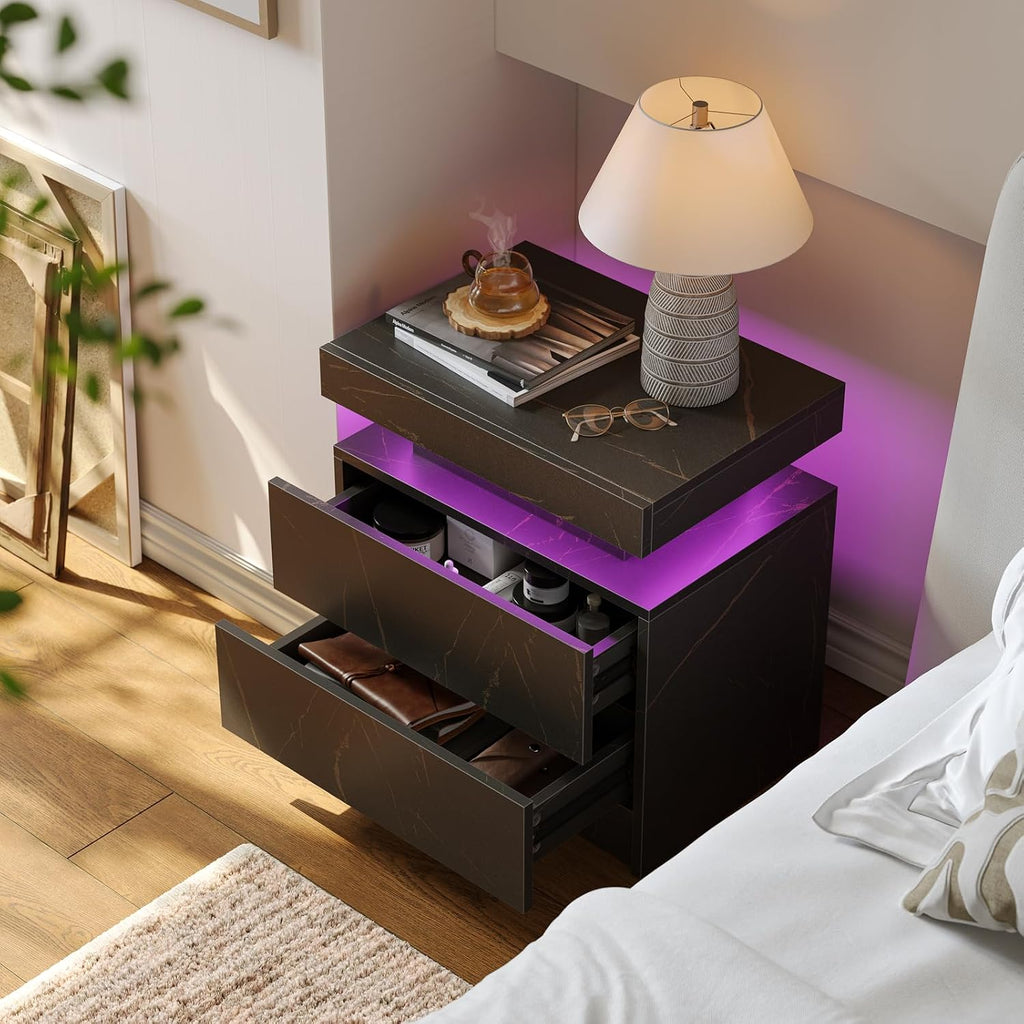 Cubehom Nightstands Set of 2, Bedside Tables with LED Lights, Night Stands with 2 Wood Drawers, End Tables Set of 2 for Living Room/Bedroom
