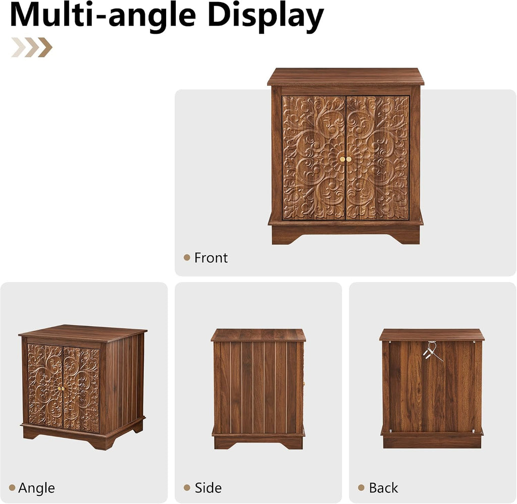 weselon Farmhouse End Table with Carved Floral Door, 24' Wide Nightstand with Adjustable Shelf, Wooden Square Sofa Side Table Storage Table for Living Room Bedroom (Walnut)