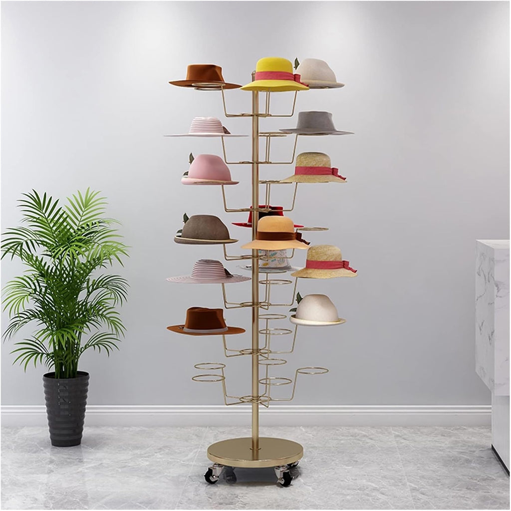 SRNSAEB 7 Tier Large Rolling Hat Racks for Baseball Caps, Modern Metal Floor Wig Display Holder, 35 Hooks Commercial Hat Stand Organizer (Color : Gold)