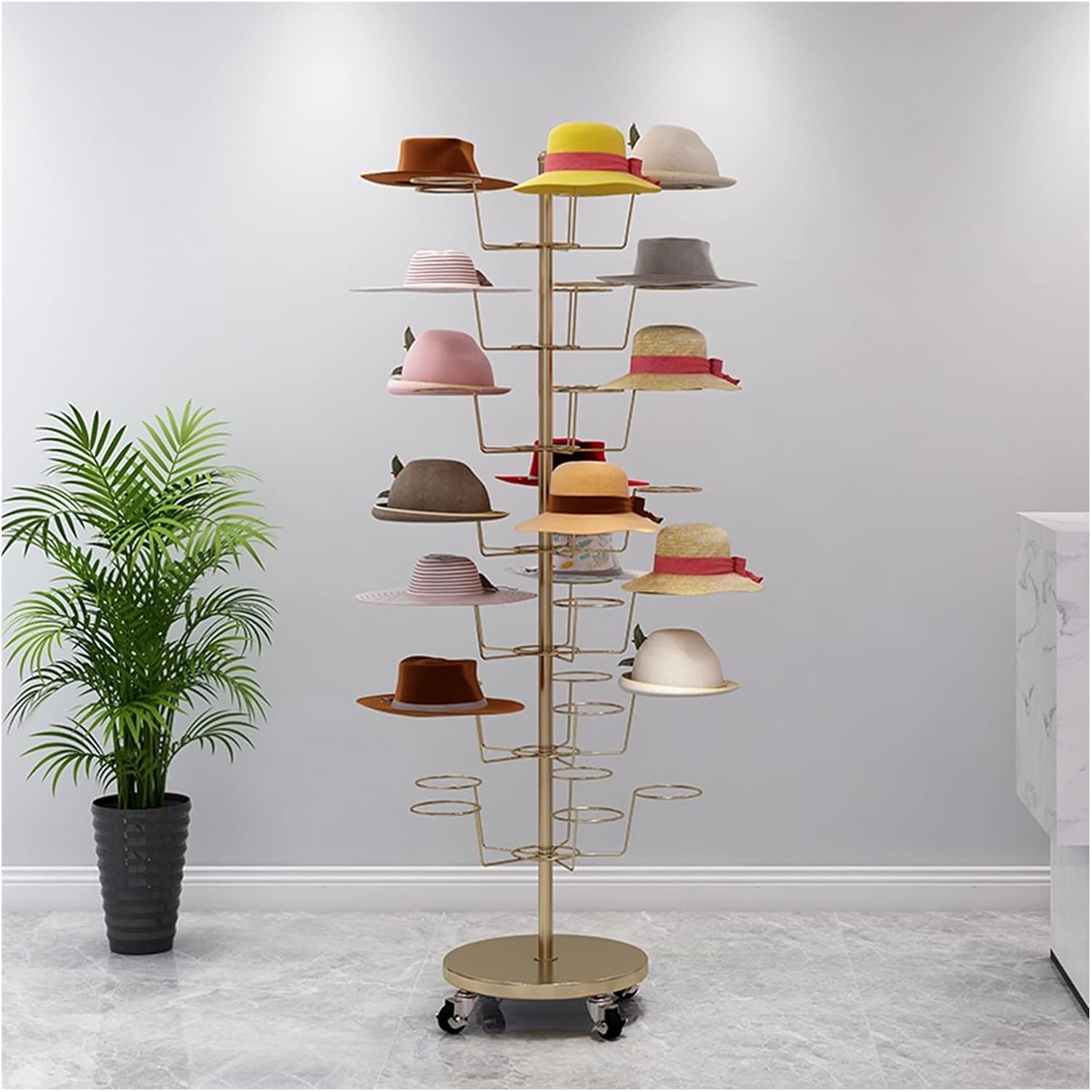 SRNSAEB 7 Tier Large Rolling Hat Racks for Baseball Caps, Modern Metal Floor Wig Display Holder, 35 Hooks Commercial Hat Stand Organizer (Color : Gold)