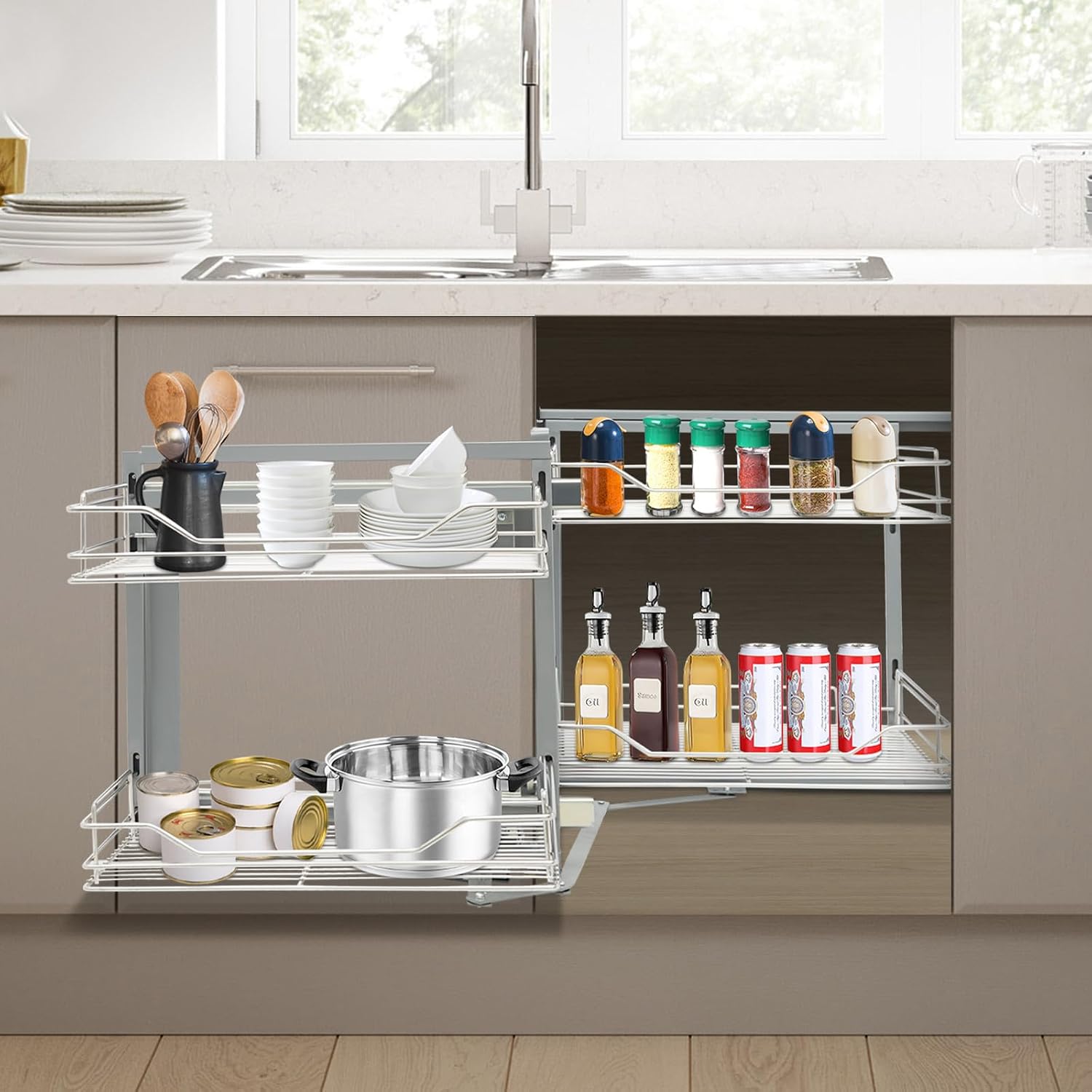 Blind Corner Cabinet Pull Out Right, 15 Inch Blind Corner Cabinet 2 Tiers Organizer Adjustable Design, Hidden Slide Out Shelves for Store Kitchen Utensils (Pull Out Left & Right, Style2)