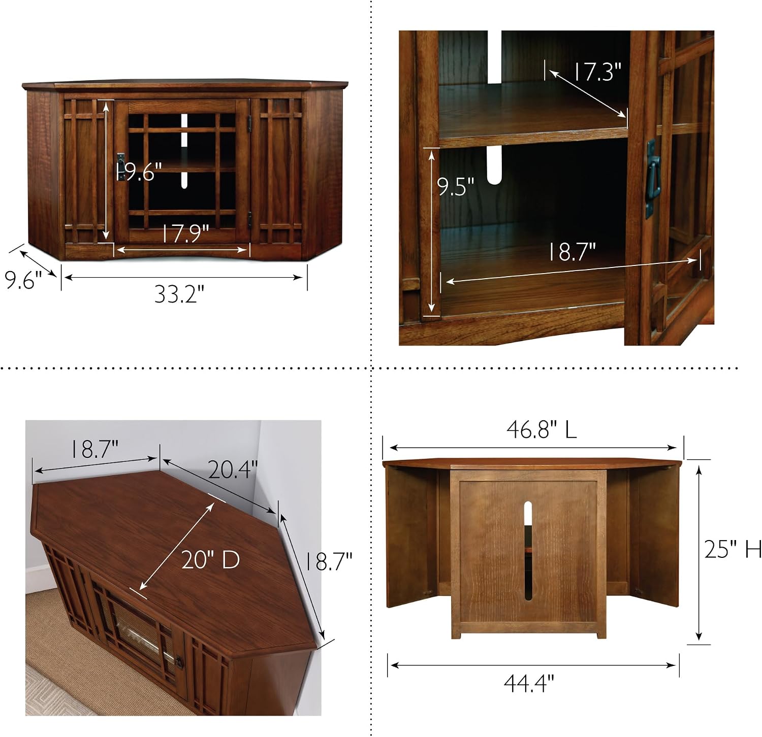 Leick Home 82285 Mission Corner TV Stand Made from Solid Wood, One Door and Adjustable Shelf, for 50' TVs, Mission Oak