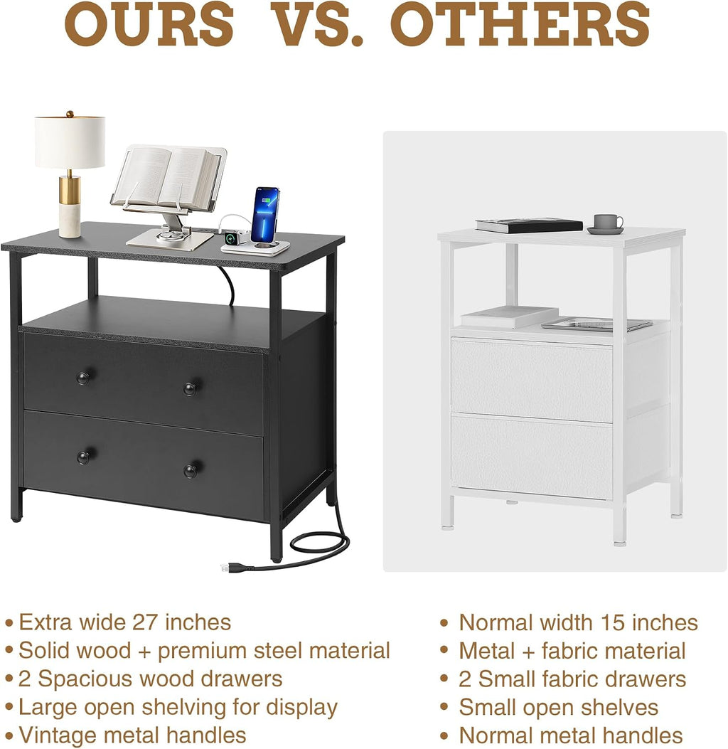Edbuosy 27 inch Wide Night Stand Set 2 with Charging Station, Bedside Table with Open Shelf, 2 Drawers Small Wood Dresser, Modern Wood Nightstand for Bedroom/Living Room (Black)