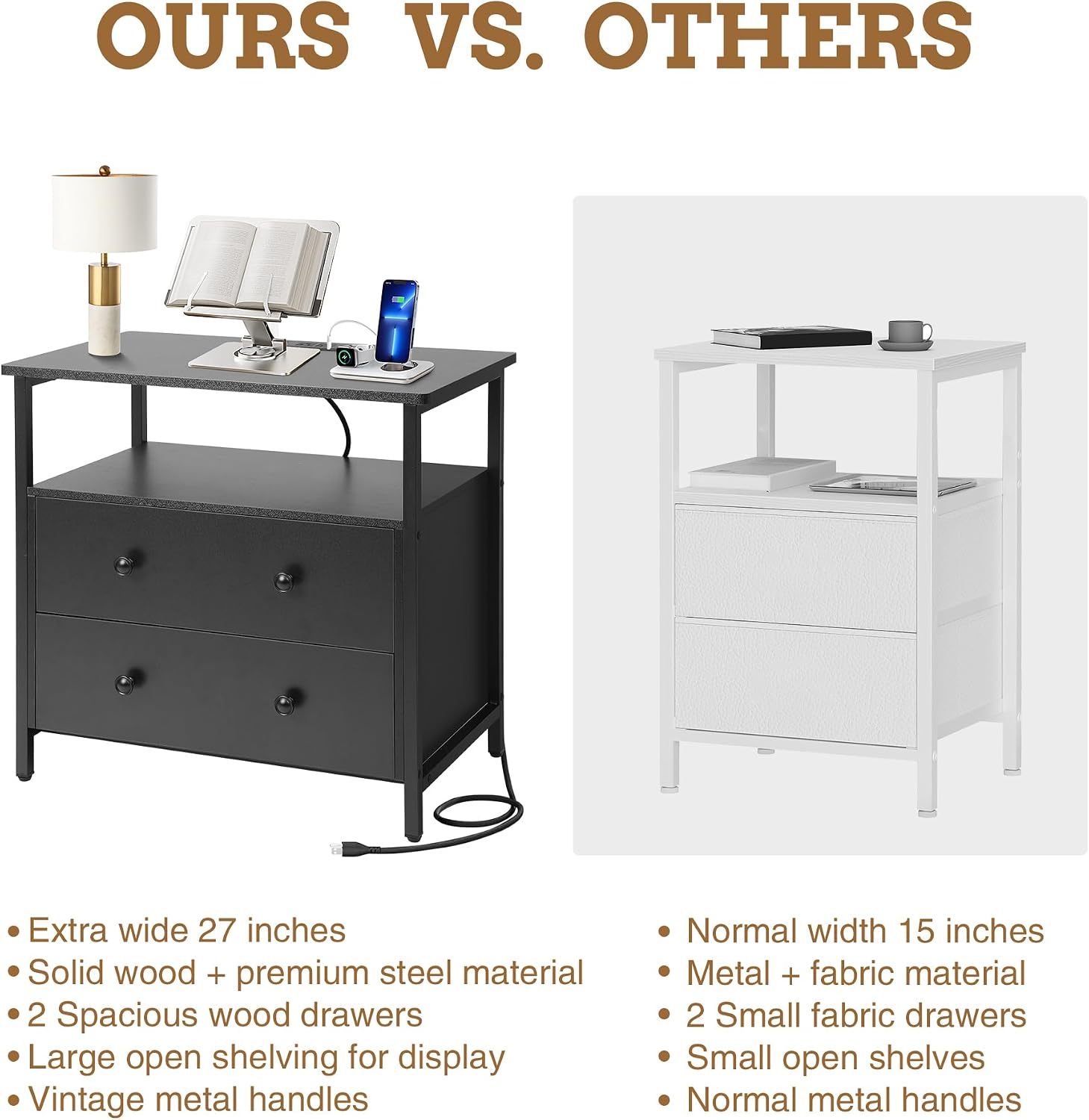 Edbuosy 27 inch Wide Night Stand Set 2 with Charging Station, Bedside Table with Open Shelf, 2 Drawers Small Wood Dresser, Modern Wood Nightstand for Bedroom/Living Room (Black)