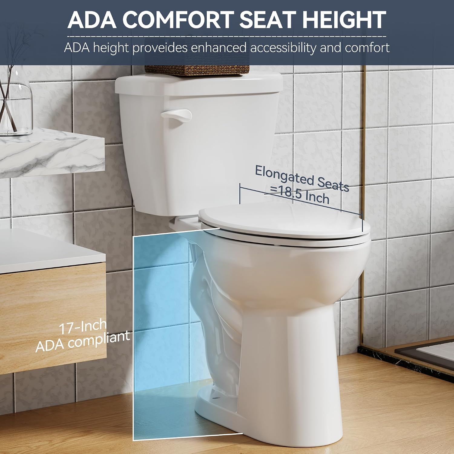 Two Piece Toilet, ADA Height, Elongated Toilet Seat, 1.28 GPF Water Efficient, Side Push Handle, CUPC Certified, Modern Bathroom Toilet