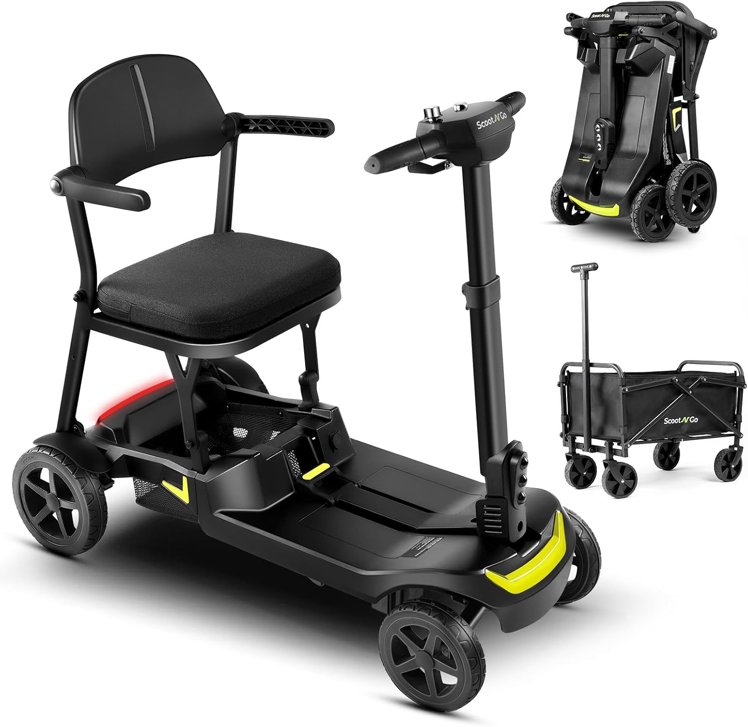 SCOOTNGO Mobility Scooters for Seniors & Adults 4 Wheel Travel Mobility Scooter Airline Approved with Two Batteries, Lightweight, Foldable, No Assembly Needed (Black Yellow, Dual Batteries with Wagon)