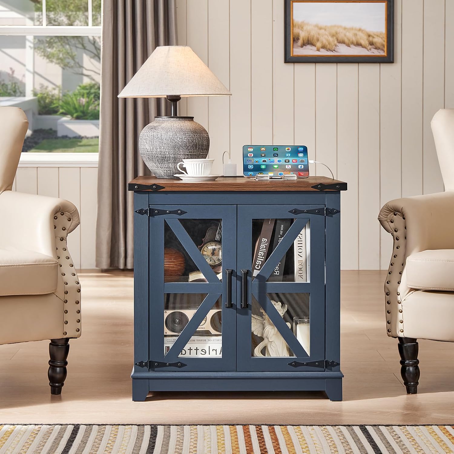 Joaxswe End Table Set 3 with Charger Station, Farmhouse 18'' Narrow Night Stand and 24' Square Side Table with Glass Barn Door Storage, Wood Nightstand Bedside Tables for Living Room Bedroom