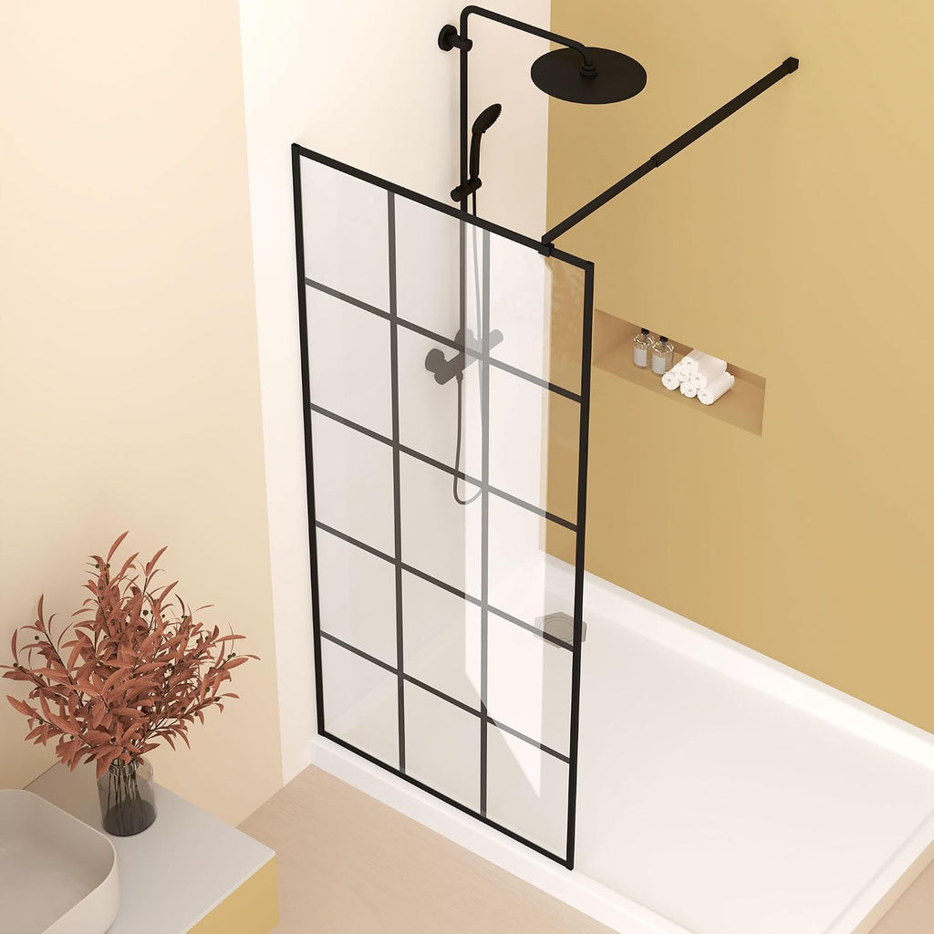 Framed Glass Shower Screen 34' Width x 72' Height with 1/4' 6mm Silk-Printing Tempered Glass, Matte Black Aluminum and Support bar, Shower Door