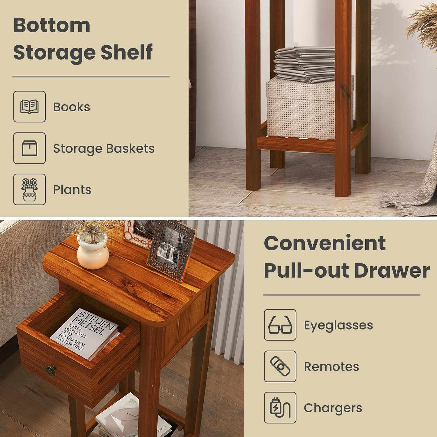 Giantex Tall End Table Set of 2, Narrow Side Table with Drawer and Shelf, Acacia Wood Nightstand for Living Room, 2-Tier Bedside Table for Small Space, No Assembly, Rustic Brown