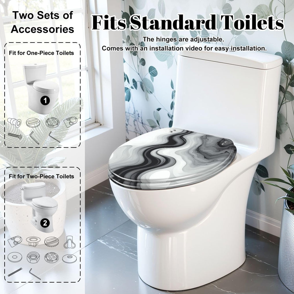 Elongated Toilet Seat Marble texture colorful black white gray marble surface curved lines Resin Toilet Seat Slow Quiet Close Lid with Quick-Release Hinges Cover Bumpers Easy to Clean Install