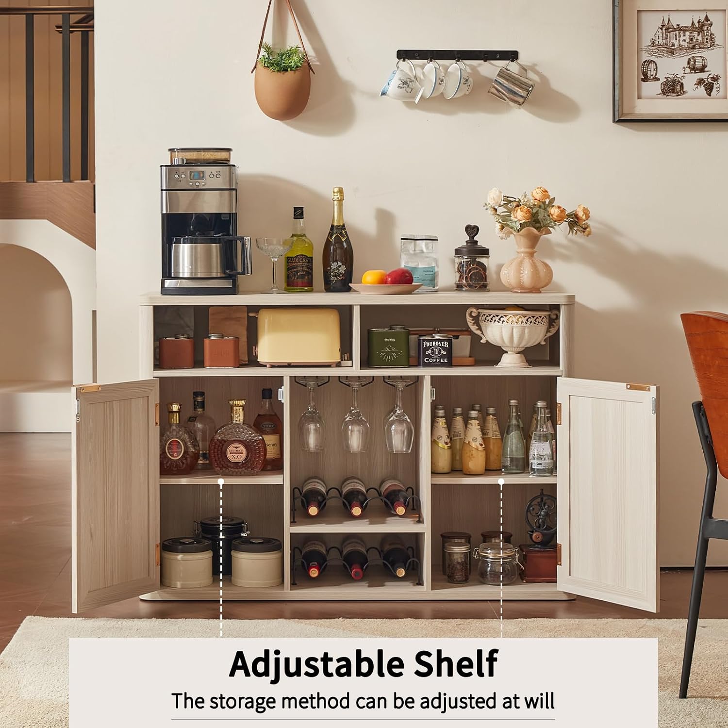 Lerliuo Rattan Wine Cabinet with 2 Doors, Boho Liquor Cabinet with Wine Racks, Farmhouse Coffee Bar Station for Living Room, Dining Room, Kitchen, Grey White