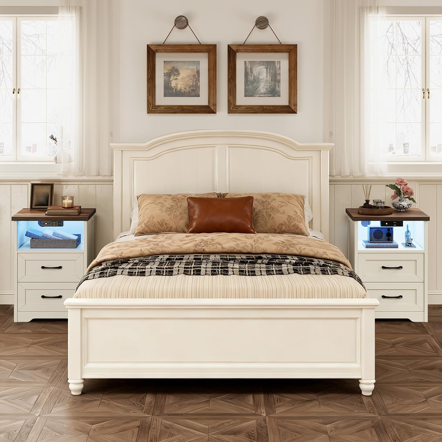 AODK Farmhouse Nightstand Set of 2, Bedside Tables with Charging Station & LED Lights, End Tables with Two Drawers and Open Storage, Rustic Bed Side Tables for Bedroom, Rustic White & Walnut