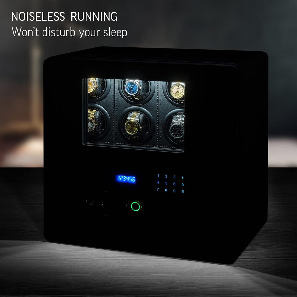 12 Watch Winder with Fingerprint Lock, Interior Light, Alarm System and 2 Storage Compartments