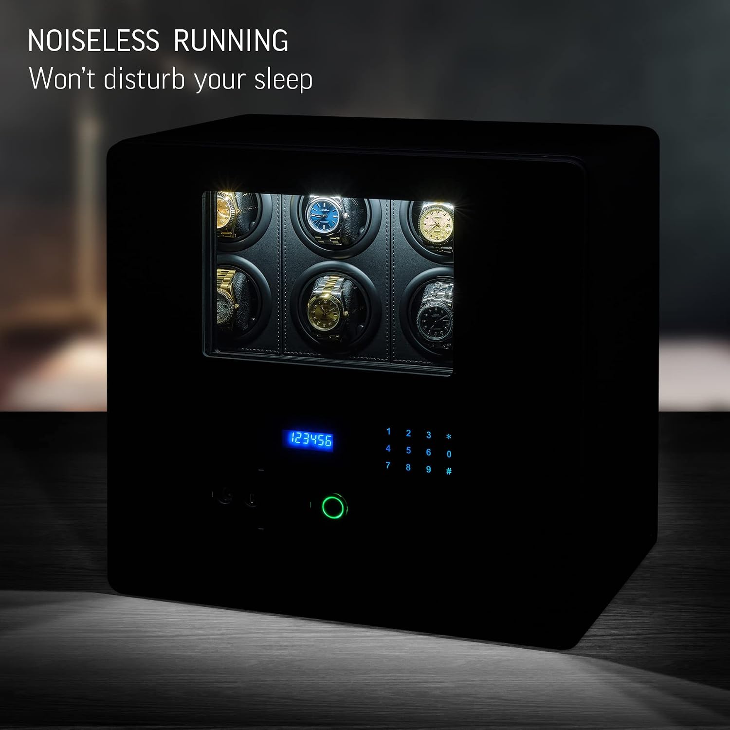 12 Watch Winder with Fingerprint Lock, Interior Light, Alarm System and 2 Storage Compartments