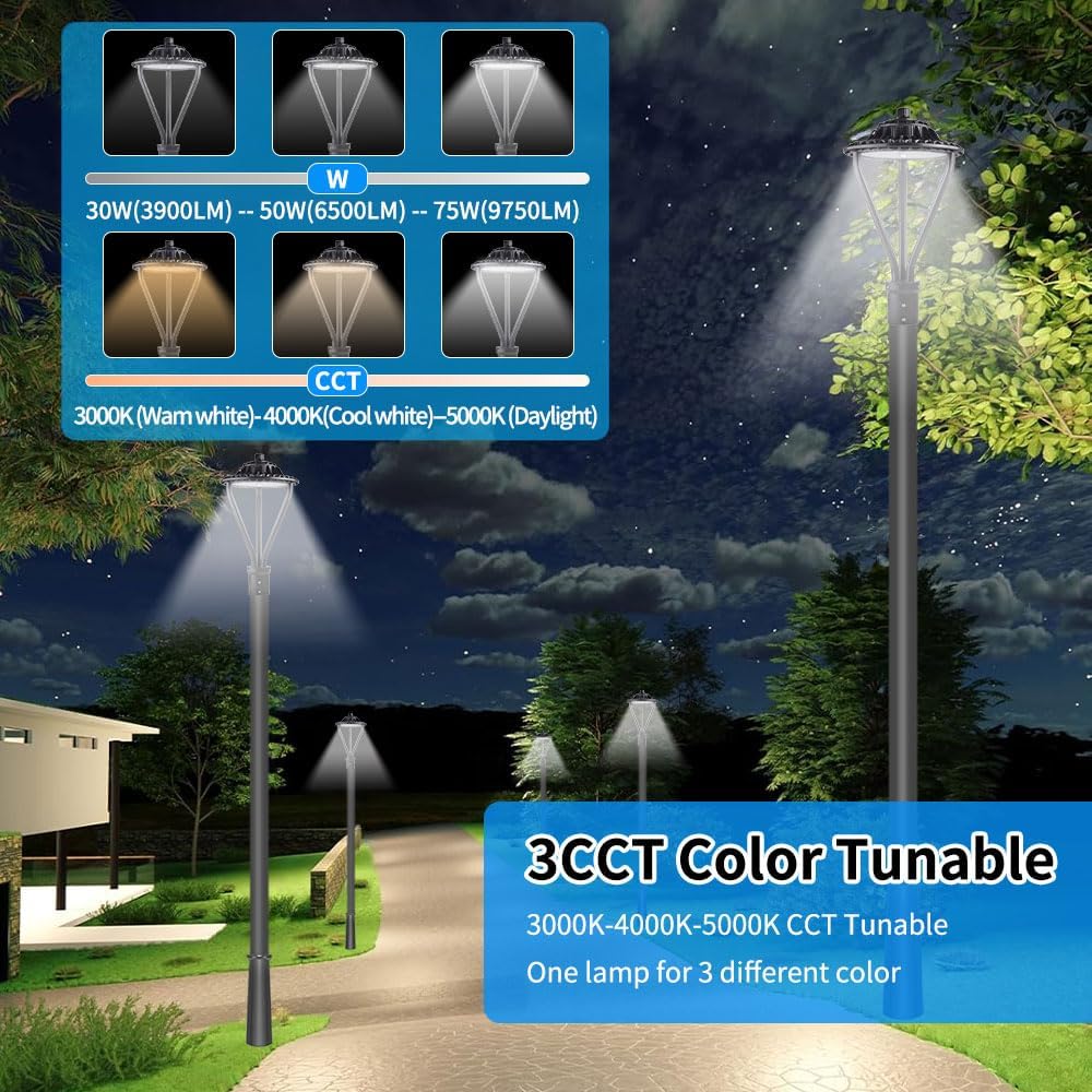 LED Post Top Pole Light,30-50W-75w ,ETL DLC listedNeed to install LED Post Top Pole Light,3000K 4000K 5000K 3CCT tunable,IP65 Waterproof Fixtures for Garden Yard Pathway Street Lighting (Black)