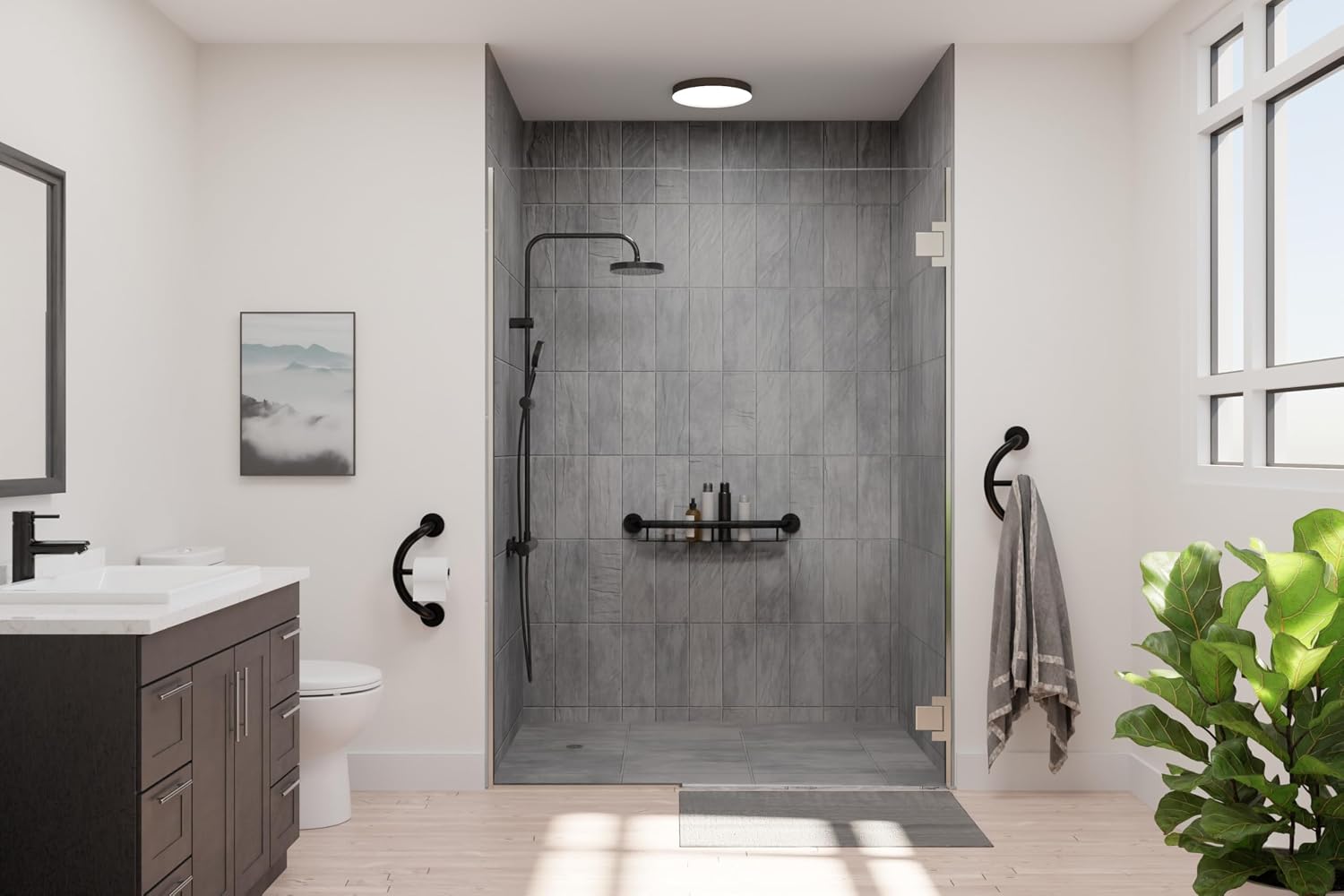 HEALTHCRAFT Plus Shampoo Shelf & Grab Bar 24', ADA Safety - Matte Black | Built-in shampoo shelf, concealed screws, no separate shelf needed