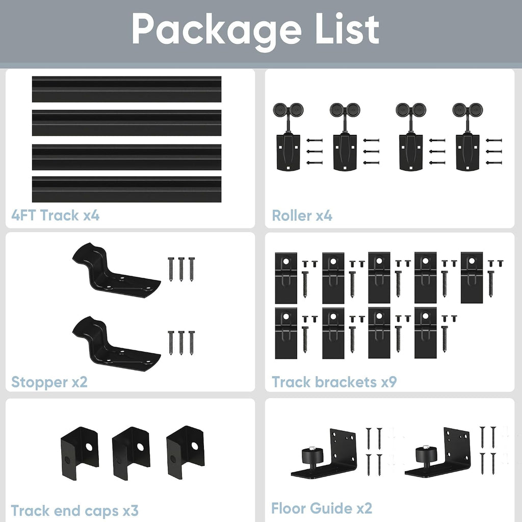 JUBEST 16FT Box Rail Exterior Barn Door Hardware Kit, Heavy Duty Sliding Door Track Kit Wall Mount Door Hardware Kit for Two Doors System(Doors Not Included), Black