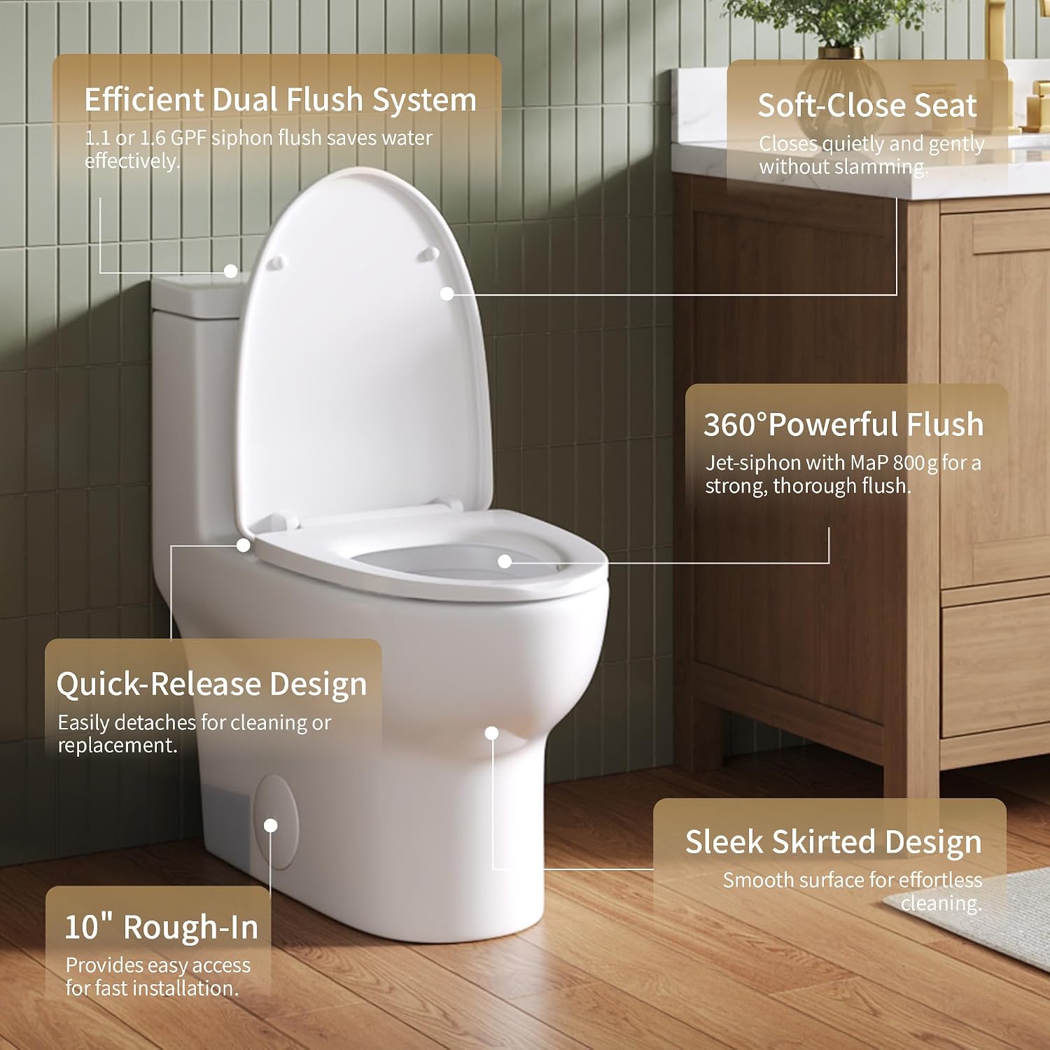 DeerValley Elongated One Piece Toilet with Efficient Dual Flush 1.1/1.6 GPF | Standard Height Toilet Bowl, Durable Ceramic, Slow Close Seat, Skirted Design 10' Rough-In Toilet for Bathroom DV-1F026R