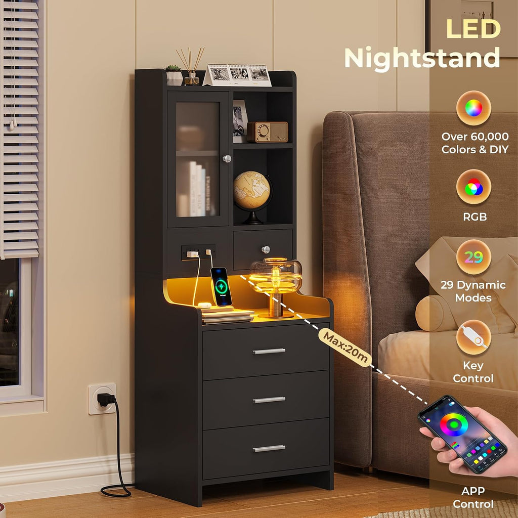 ADORNEVE Black Night Stand Set of 2 with Charging Station,49.2' LED Nightstand for Bedroom,Tall Bedside Table with Bookshelf and Drawers,Side Tables Bedroom,13.8' D x 17.7' W x 49.2' H