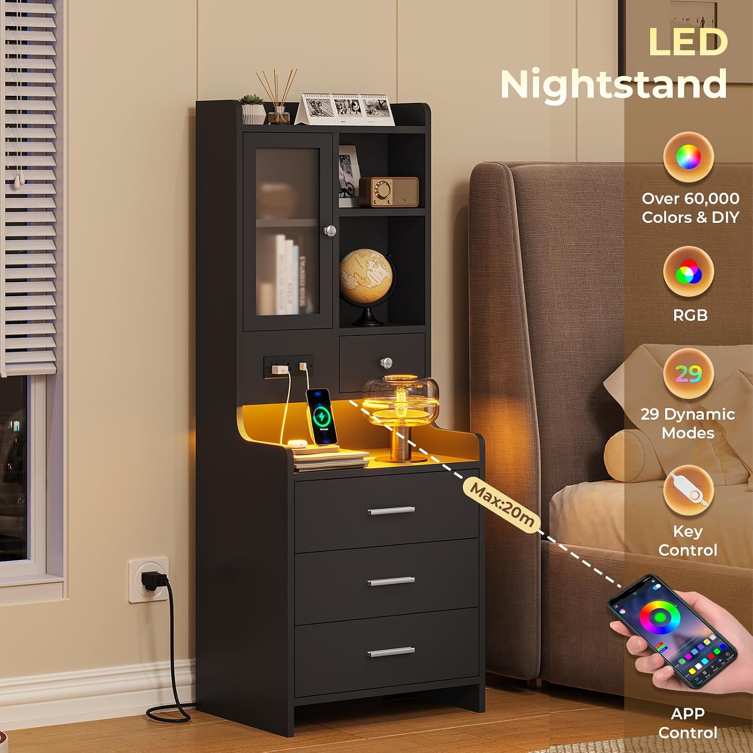 ADORNEVE Black Night Stand Set of 2 with Charging Station,49.2' LED Nightstand for Bedroom,Tall Bedside Table with Bookshelf and Drawers,Side Tables Bedroom,13.8' D x 17.7' W x 49.2' H