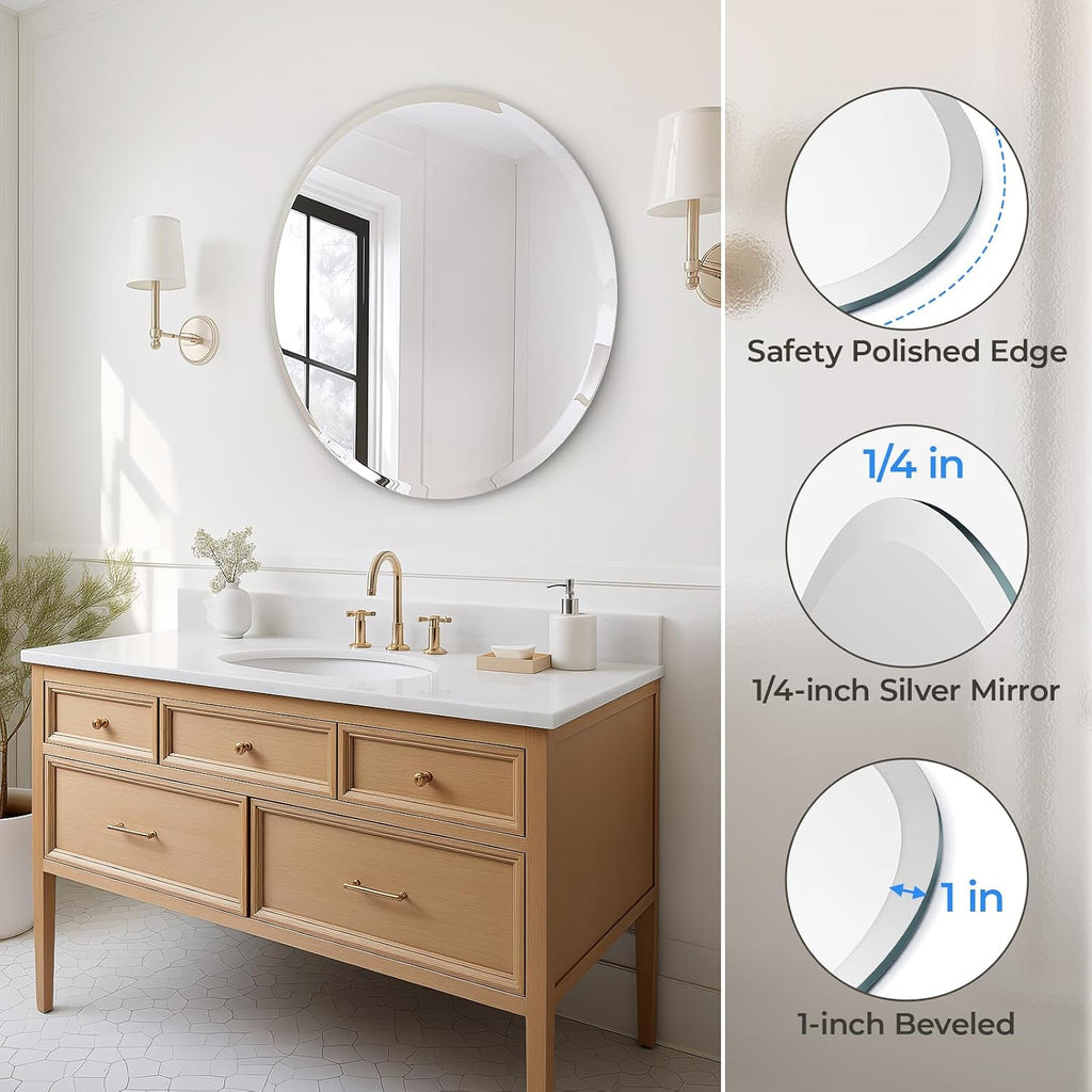 USHOWER 30'' Frameless Round Bathroom Mirror + 18'' Towel Bar Set