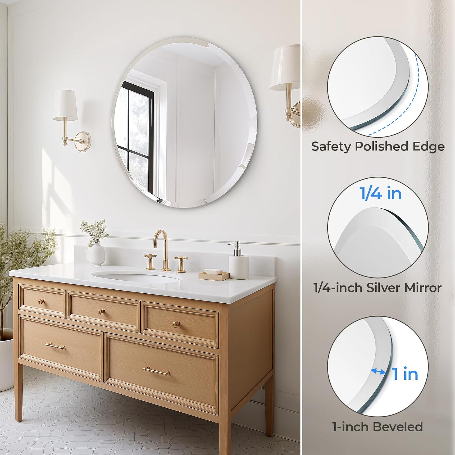 USHOWER 30'' Frameless Round Bathroom Mirror + 18'' Towel Bar Set