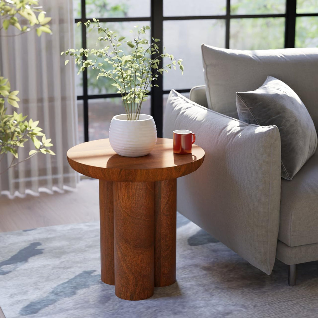 Relso Gaia Round End Table for Living Room and Farmhouse | Solid Mango Wood for Rustic Elegance | Ideal for Side Tables, Nightstands & More | Wood Side Table Round for Bedroom (Walnut)