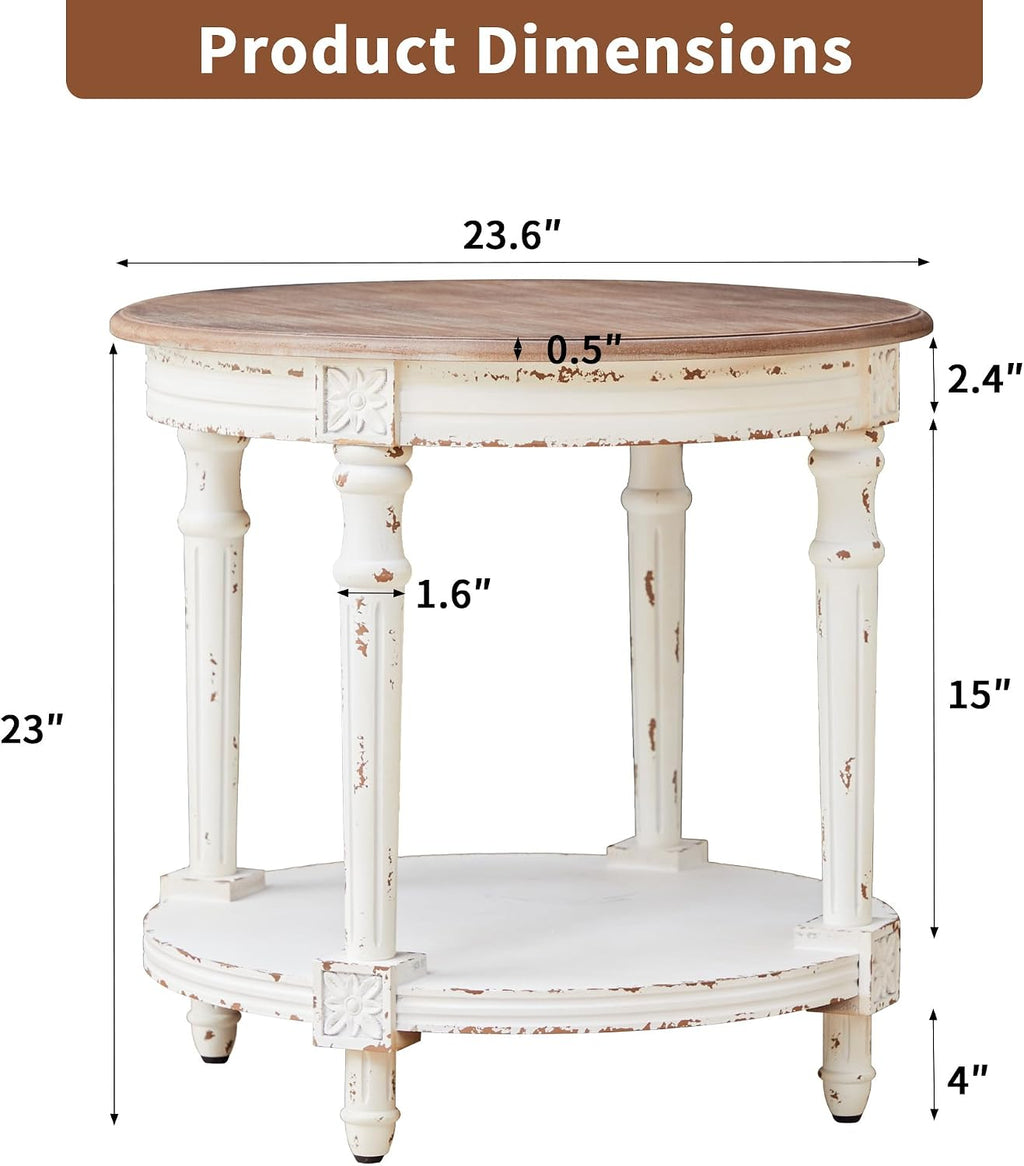 BERRYMERRY 23.6' French Country Two Tone Round End Table,Chipped White Vintage 2 Tier Side Table for Living Room Small Space,Easy Assembly (White 1 PC)
