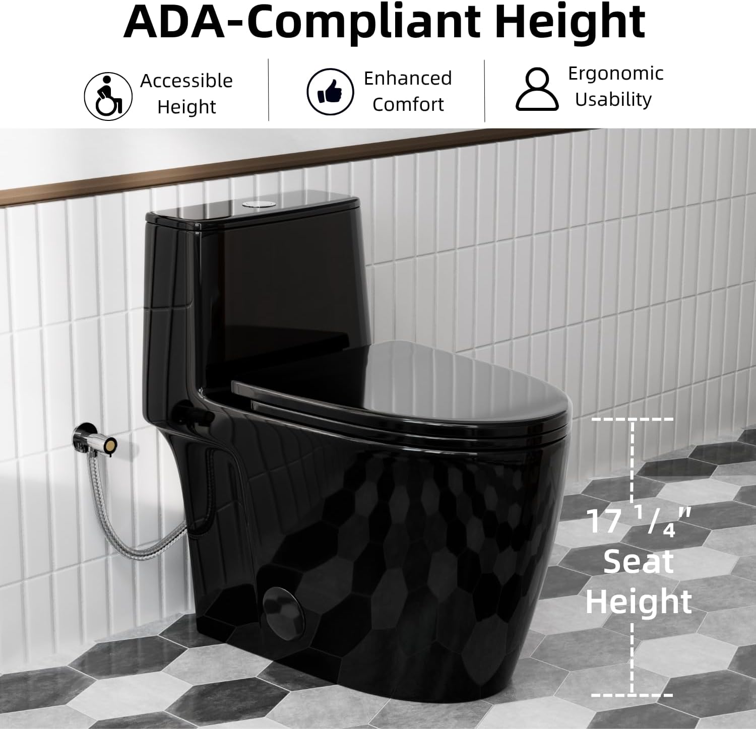 Black Toilet with Rimless Swirl Flush, Los Flexi 17.3' ADA Modern Elongated One Piece Toilets For Bathrooms, Dual Flush 1.0/1.28 GPF, Comfort Chair Height, Soft-Close Black Toilet Seat & 12' Rough-In
