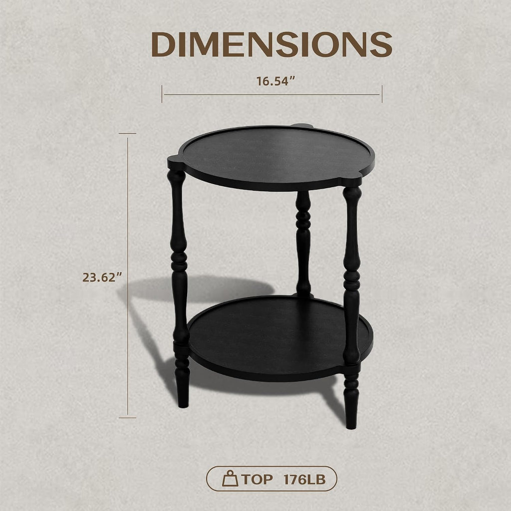 Accent Wood End Table, 2-Tier Round Bedside Table, Natural Side Table Nightstand for Family, Bedroom, Living Room, Handcrafted Finish, Black