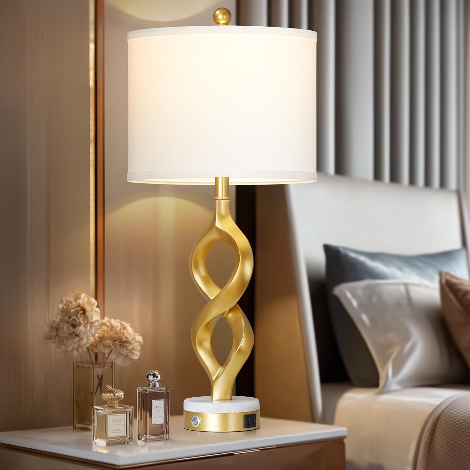 Cinyirong 30' White and Gold Table Lamps Set of 2 for Living Room, Modern Touch Control Bedside Lamps for Bedroom, 3-Way Dimmable Sculptural Resin Nightstand Lamps with USB A+C Ports and 2 LED Bulbs