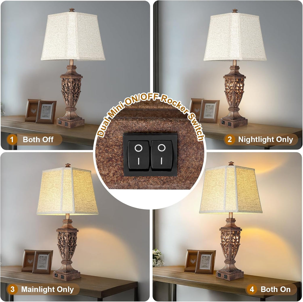 28.5' Vintage Bronze Table Lamps Set Of 2 with Night Light,Lamps for Nightstand with Beige Linen Cut Corner Shade,Bedside Lamp with USB A+C Ports for Bedrooms,Living Room,Office,Hotel(Bulb Included)
