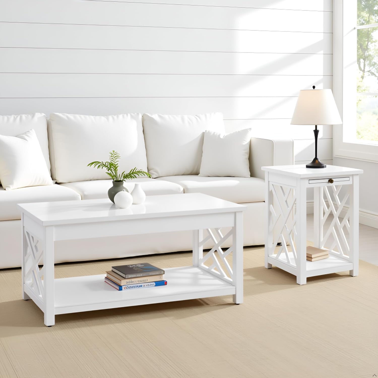 Coventry 2-Piece Living Room Table Set – Cottage Style Coffee Table and End Table with Lower Shelves and Pull-Out Tray – for Apartment, Loft, or Teen Room by Alaterre Furniture (White)
