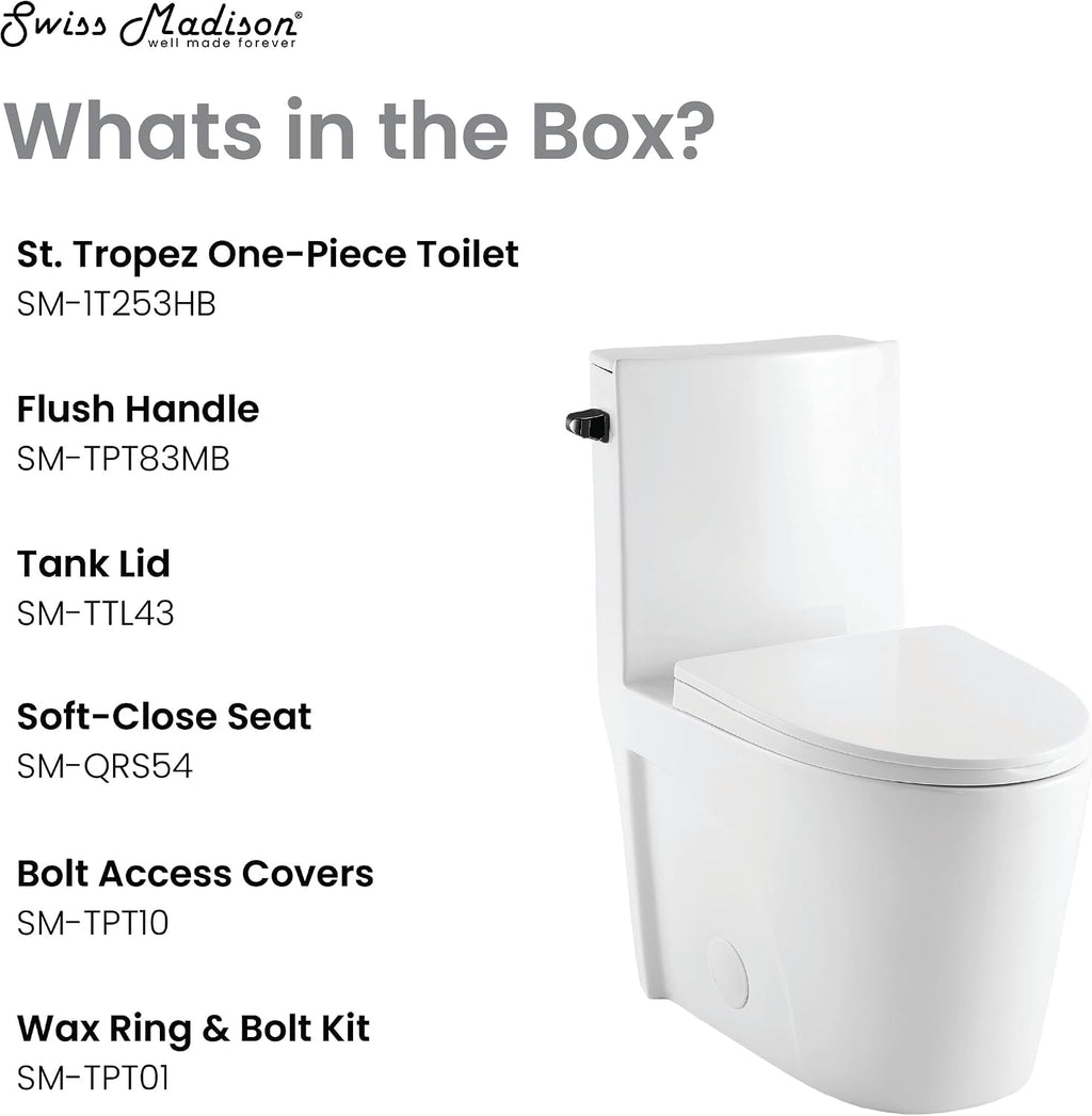 St. Tropez One Piece Elongated Toilet Side Flush 1.28 gpf with Black Hardware