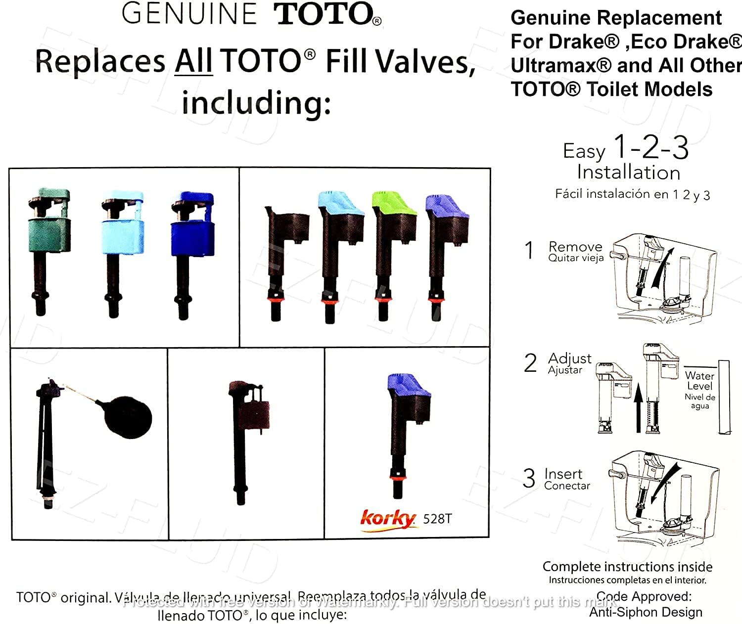 Genuine Toto USA Made 528GT Blue Universal Toilet Fill Valve Replacement Assembly Kit Parts,Replace TSU99A.X and All other Toto Toilets (6)