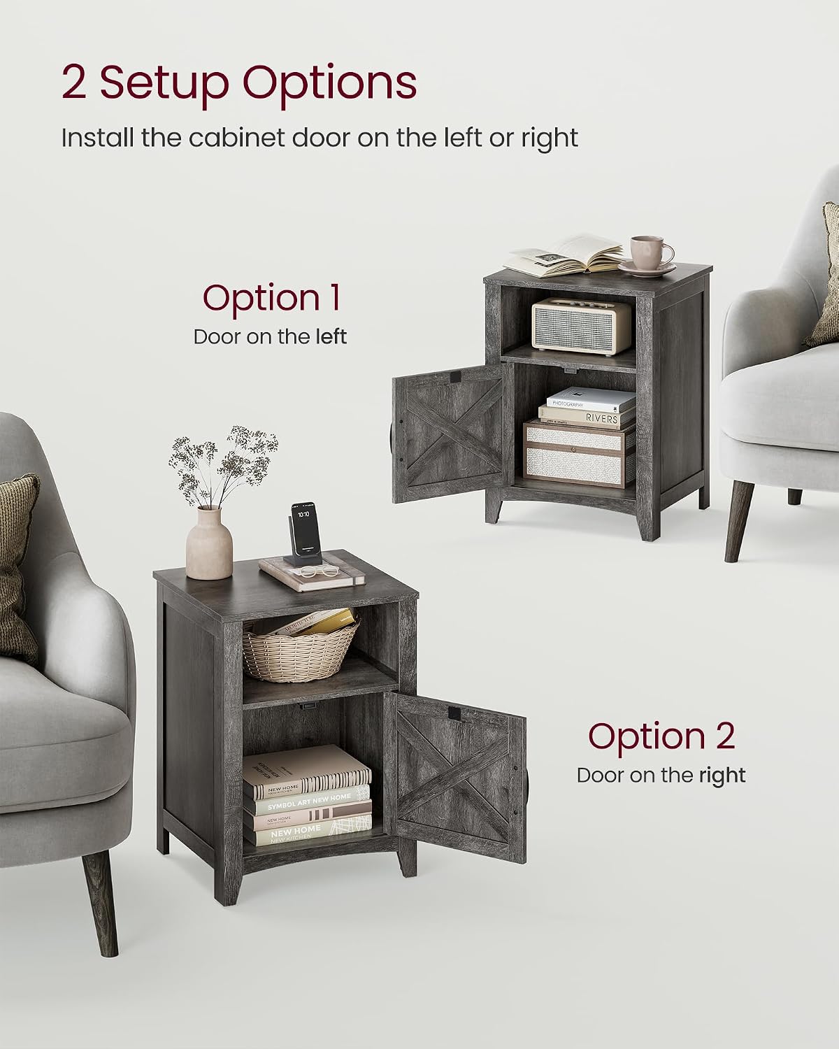 VASAGLE LIRY Collection - Farmhouse Nightstand with Barn Door, Set of 2, Bedside Table with Storage, Side End Table, Night Stand, Open Compartment, for Bedroom, Misty Gray ULET809G68