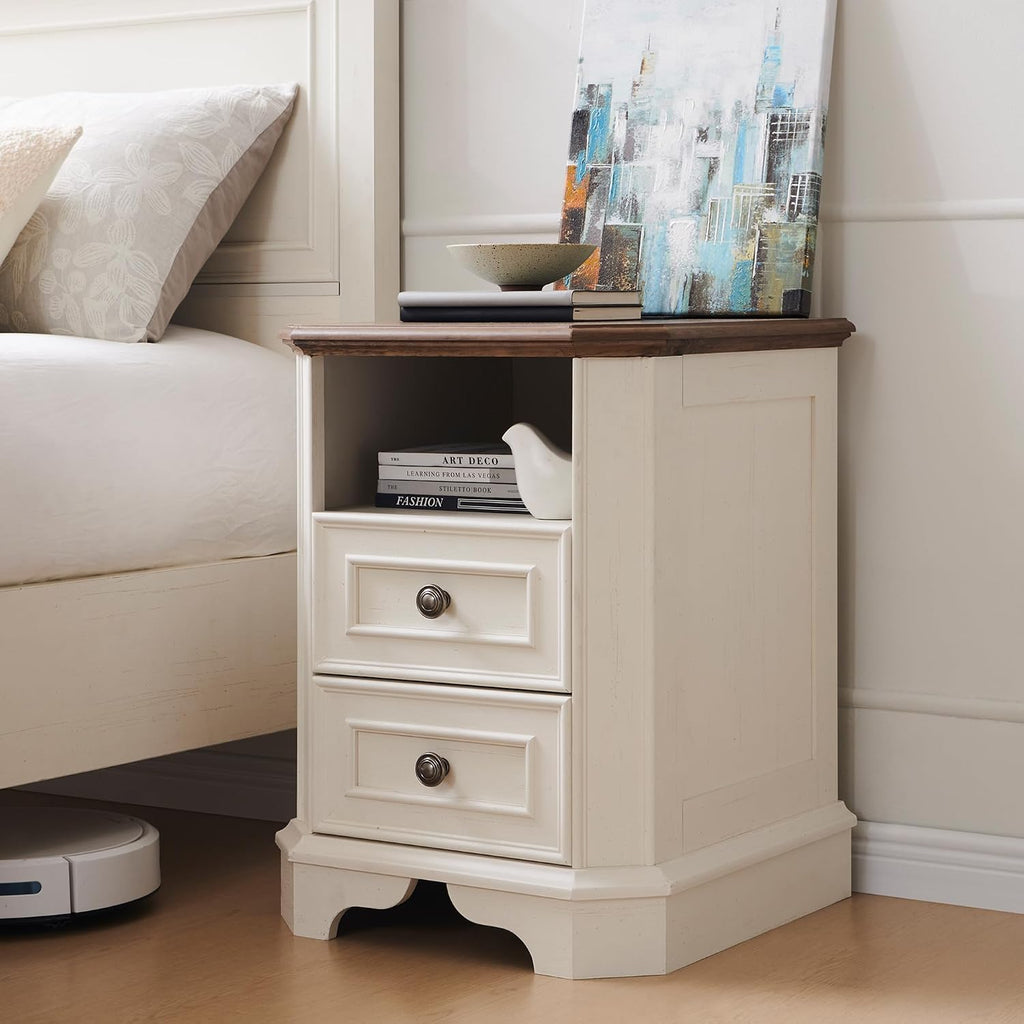 T4TREAM Farmhouse Nightstand Set of 2 with Charging Station, 18' End Table with 2 Drawers, Wood Side Table, Bedside Cabinet for Bedroom, Living Room (Antique White)