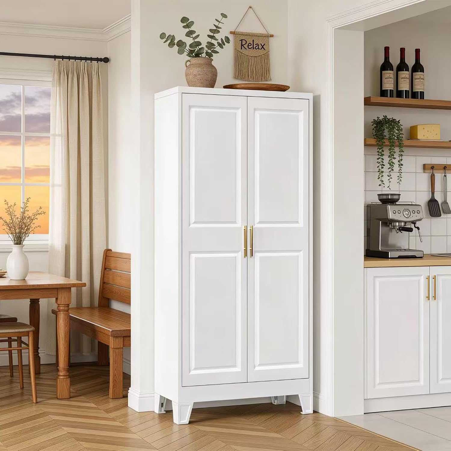61.4' H Metal Pantry Cabinet with 3 Adjustable Shelves, Kitchen Pantry Cabinet with 2 Doors, Freestanding Food Cabinet for Kitchen, Home, Assembly Required, White