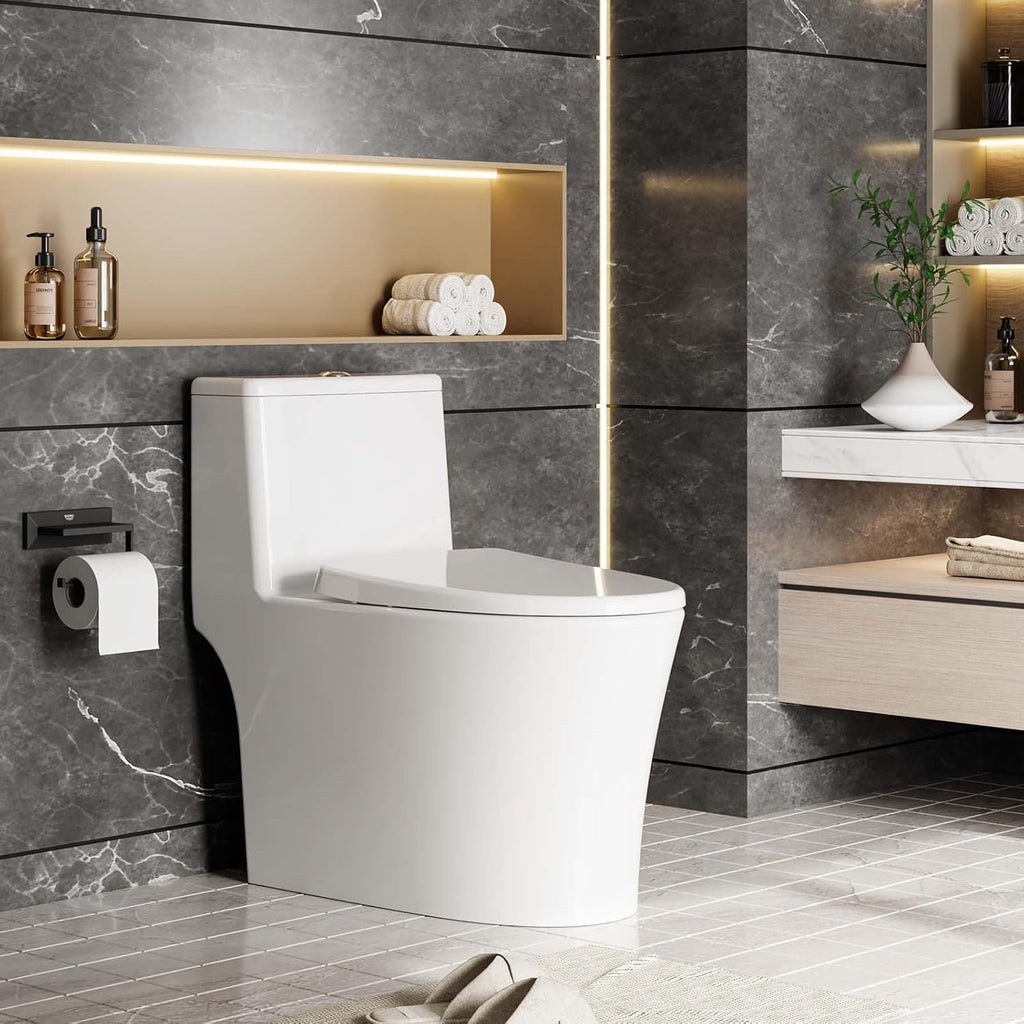 One Piece Elongated Toilet with Top Dual Flush and V Shape Soft Close Seat, Modern Bathroom Toilet for Home and Guest Use
